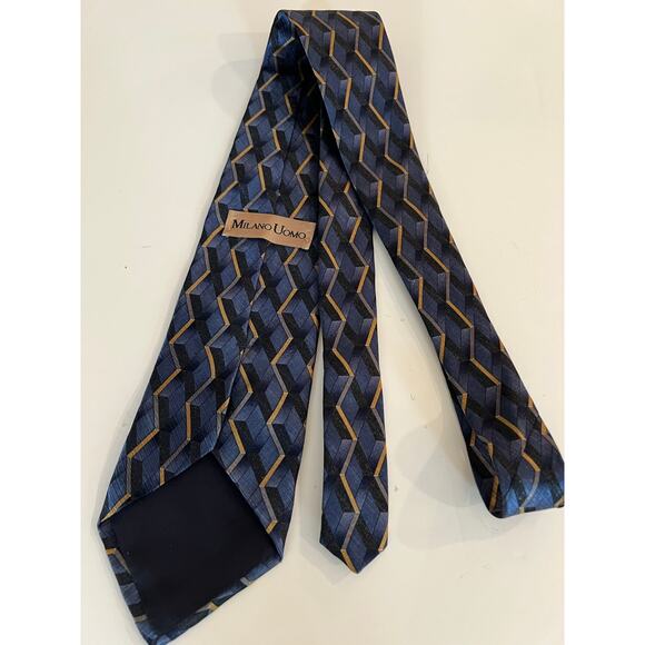 Milano Uomo 100% Imported Silk Men's Neck Tie Blue & Gold Geometric Print JL - Picture 2 of 8